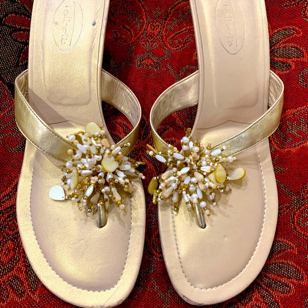 Talbots Gold Leather Jeweled Mule Sandals